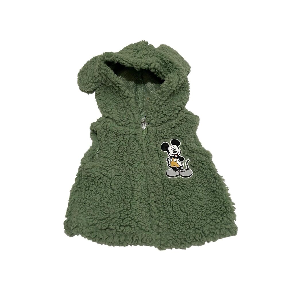 Disney Baby Mickey Mouse Ears Hooded Sleeveless Fuzzy Full Zip Vest Green 0-3M